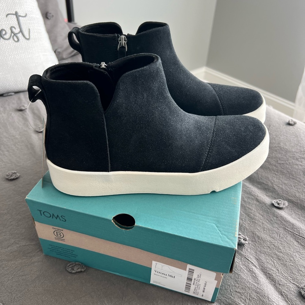 Toms Black Suede Ankle Booties with White Platform Sole